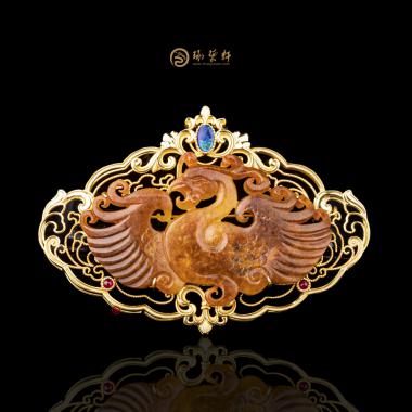 新疆和田紅沁籽玉金鑲玉 鳳 14.9克